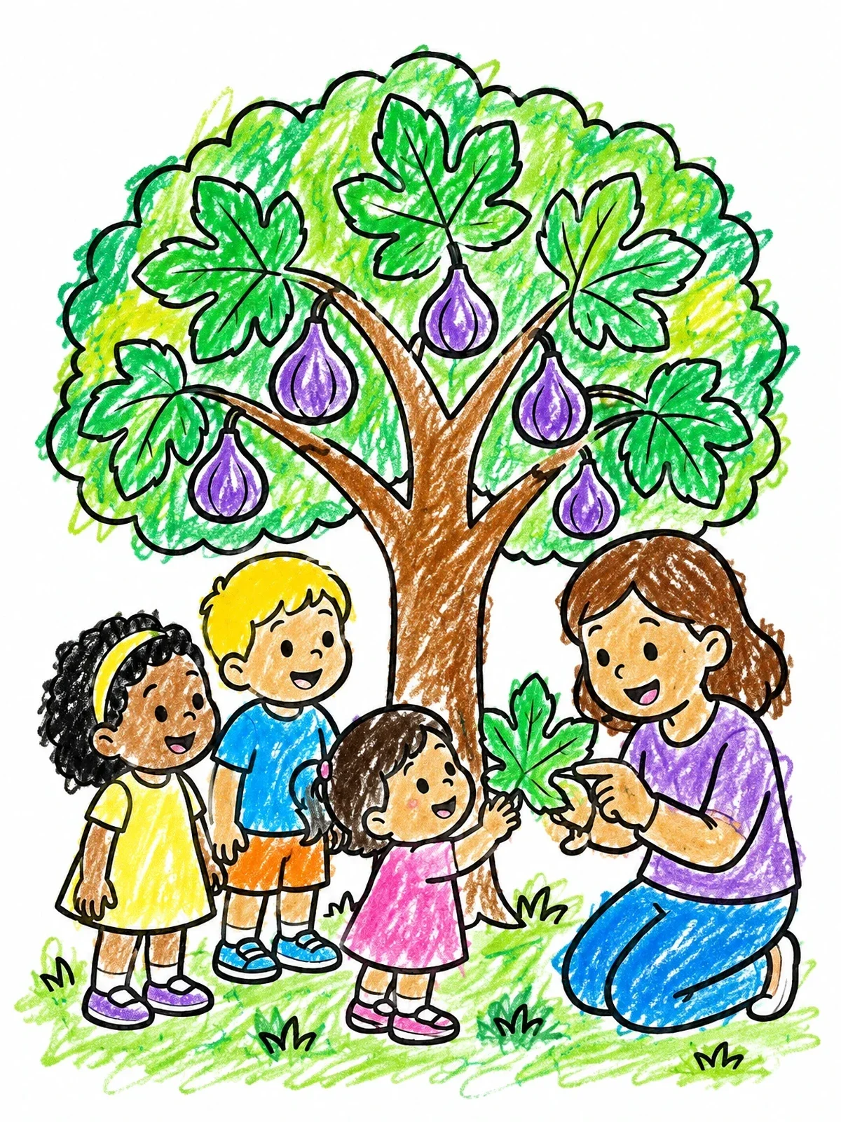 Colored example of the Family Learning Under A Fig Tree coloring page