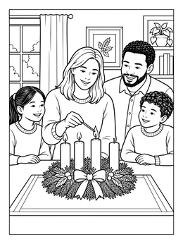 A family gathers happily around a festive wreath on this third sunday of advent coloring page.