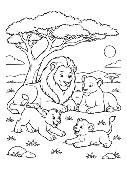 A lion pride with playful cubs in this family coloring page outdoors in the savanna.