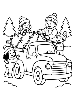 Free printable Family Loading Christmas Tree Onto Truck coloring page