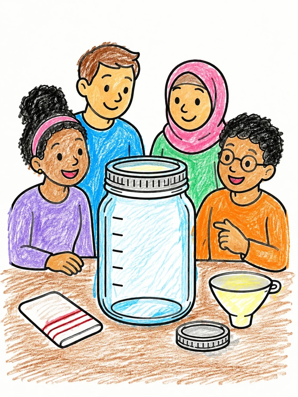 Colored example of the Family Looking At A Mason Jar coloring page