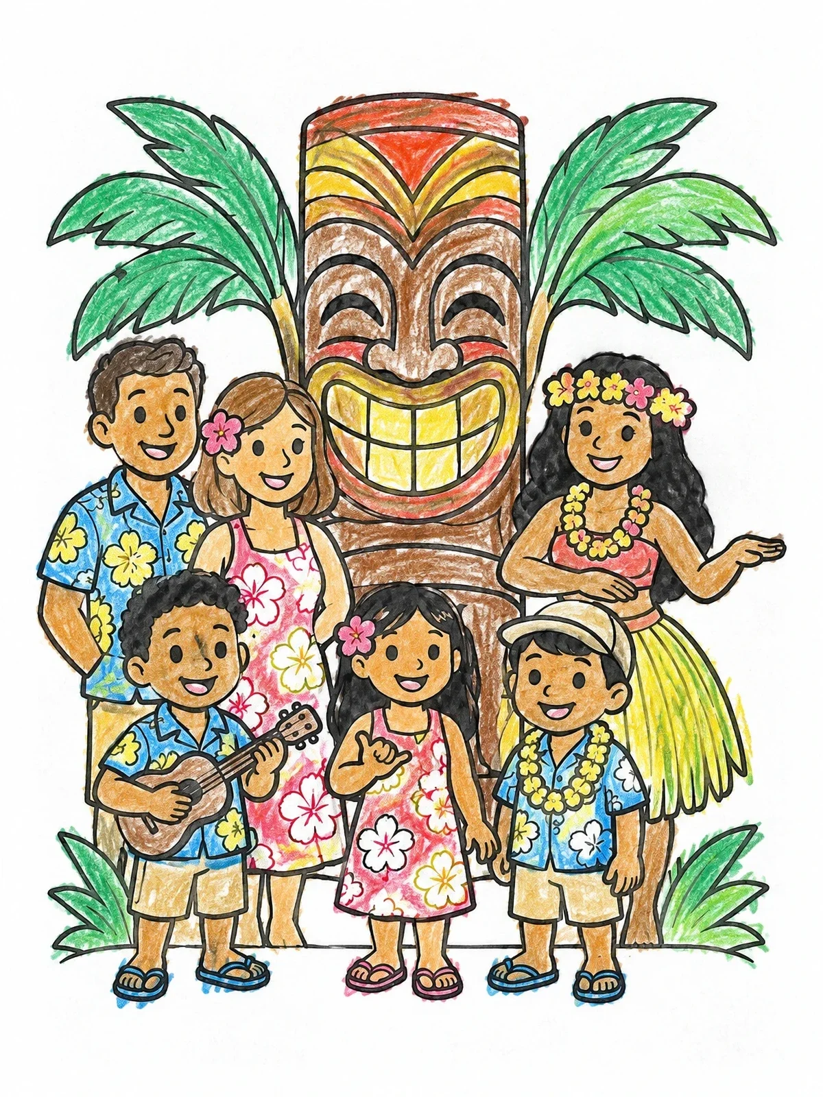 Colored example of the Family Luau Celebration With Tiki Statue coloring page