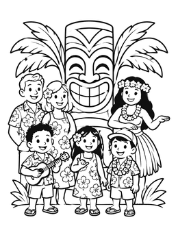 Free printable Family Luau Celebration With Tiki Statue coloring page