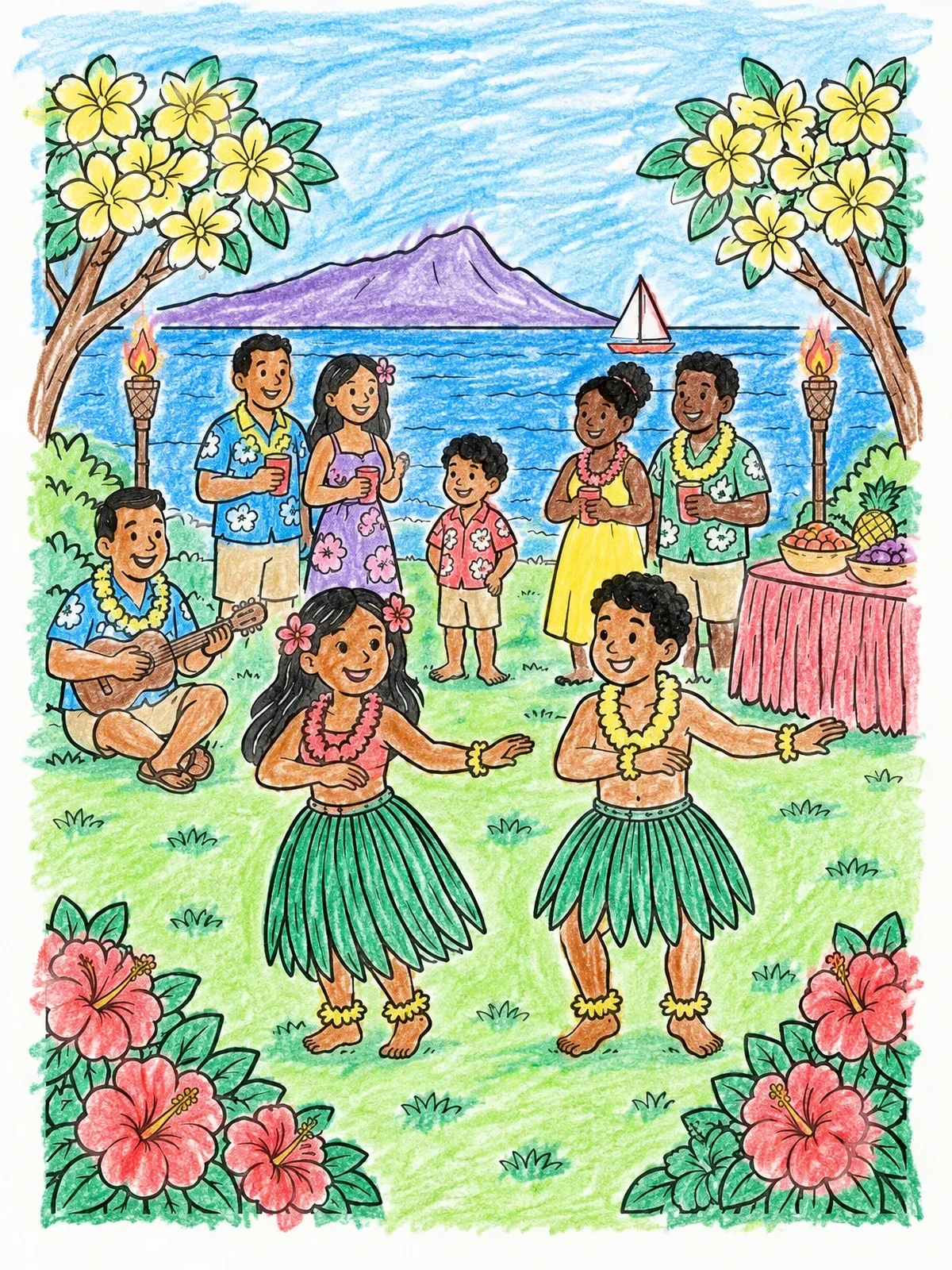 Colored example of the Family Luau Party By The Beach coloring page