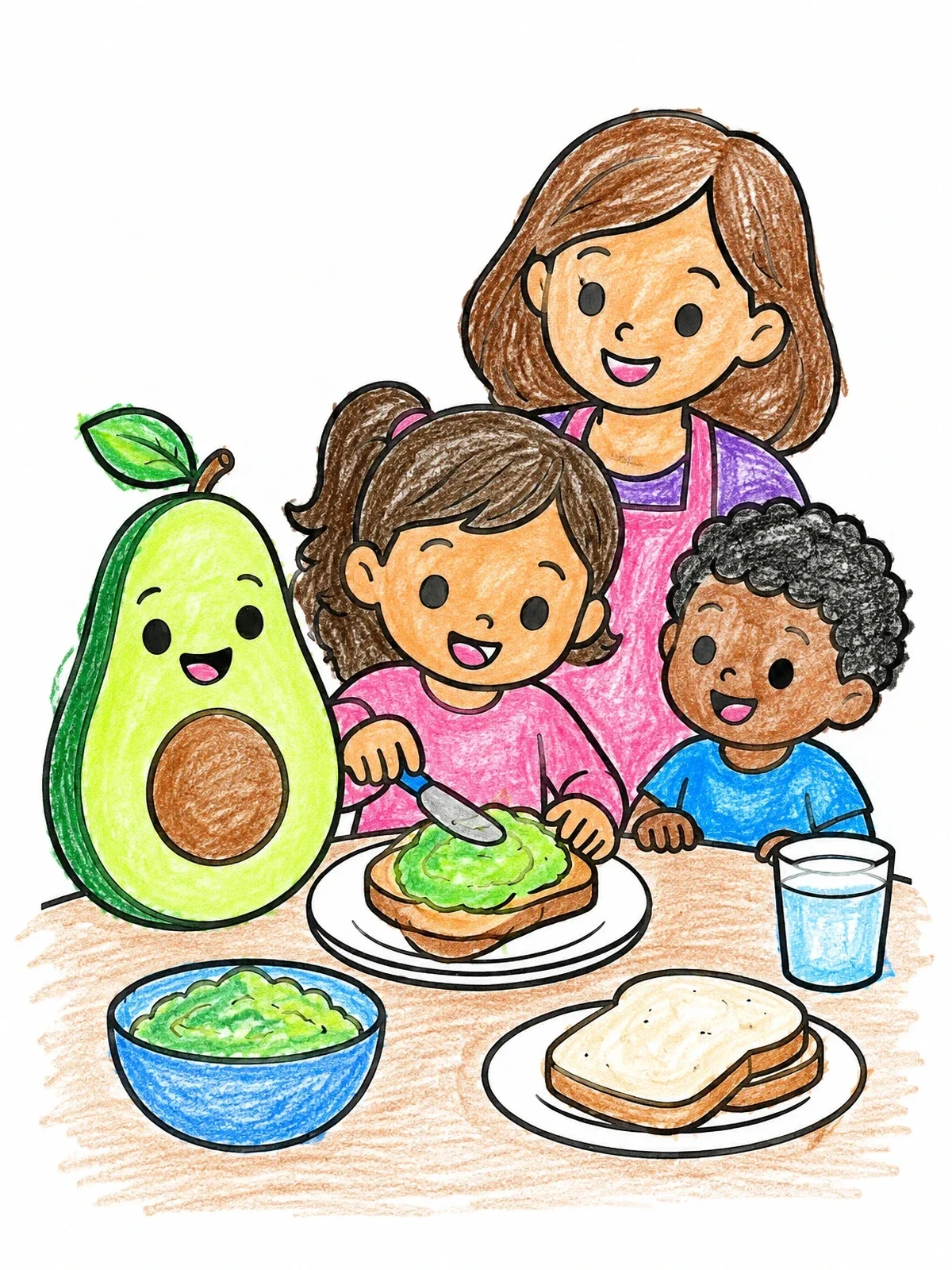 Colored example of the Family Making Avocado Toast Together coloring page