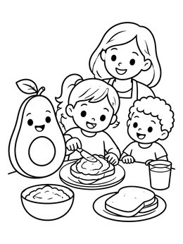 Free printable Family Making Avocado Toast Together coloring page