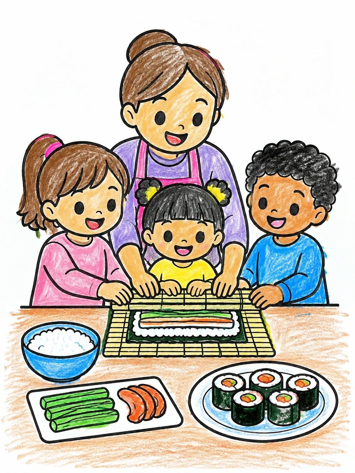 Colored example of the Family Making Homemade Sushi Rolls coloring page
