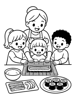 A mother and children make rolls together in this sushi coloring page.