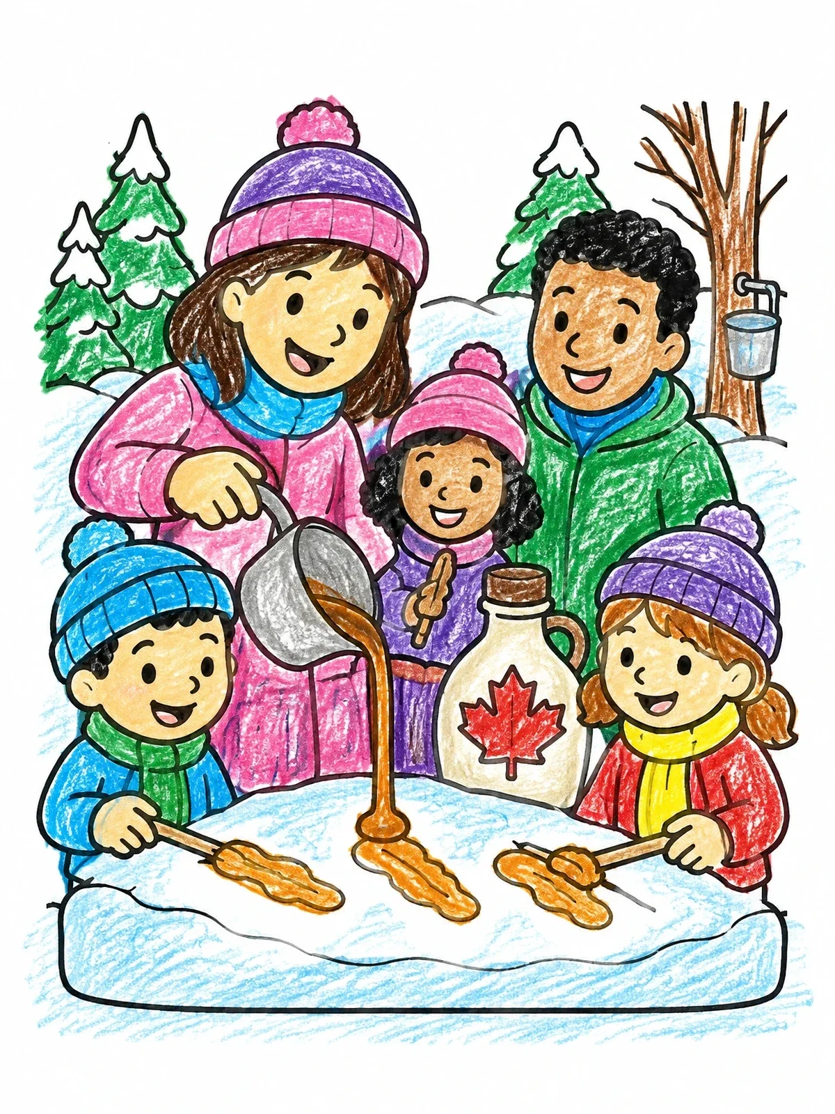 Colored example of the Family Making Maple Taffy On Snow coloring page