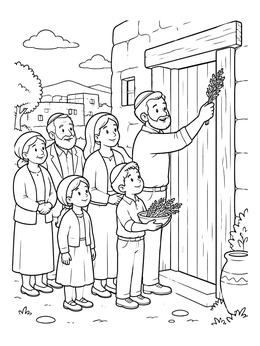 Free printable Family Marking The Doorpost For Passover coloring page
