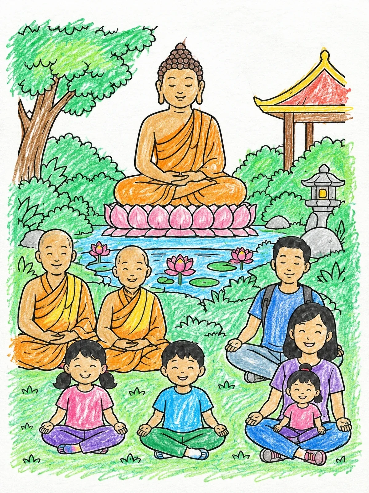 Colored example of the Family Meditating Beside Garden Buddha Statue coloring page