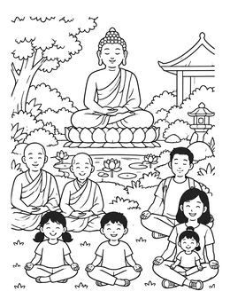 Free printable Family Meditating Beside Garden Buddha Statue coloring page