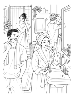 A hygiene coloring page showing family members brushing teeth, shaving, and drying hair in a bathroom.