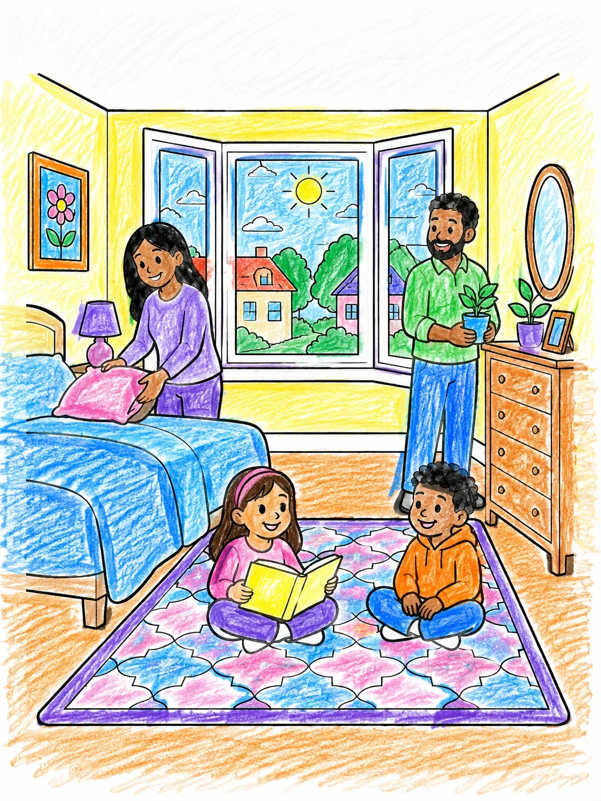 Colored example of the Family Morning In The Bedroom coloring page
