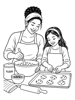 Mother and daughter baking together in this cozy family coloring page.