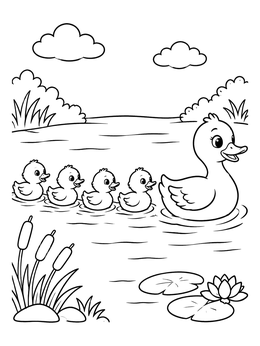 A cheerful mother duck leading ducklings in this cute family coloring page.