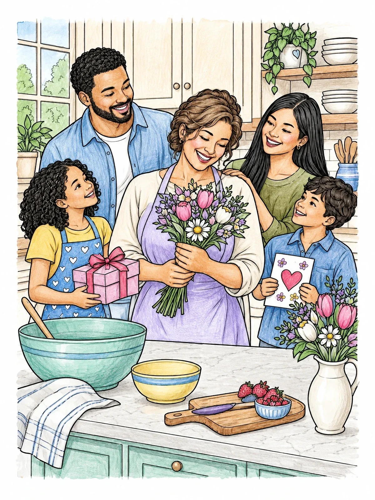 Colored example of the Family Mother's Day Kitchen Celebration coloring page