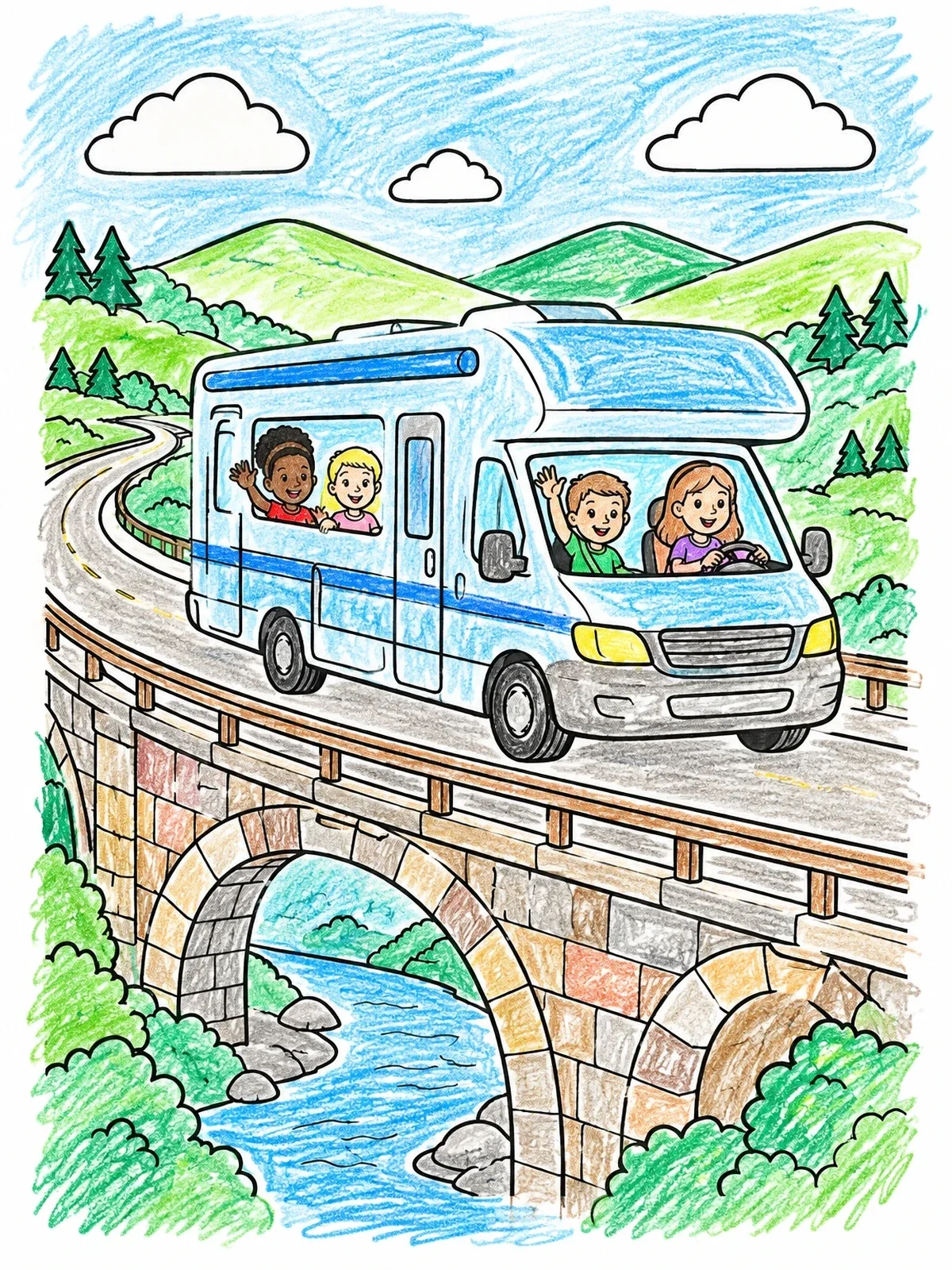 Colored example of the Family Motorhome On A Stone Bridge coloring page