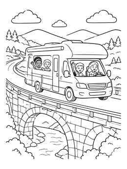 Free printable Family Motorhome On A Stone Bridge coloring page