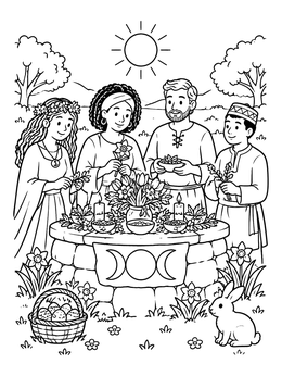Free printable Family Celebrating Ostara Spring Equinox Altar coloring page