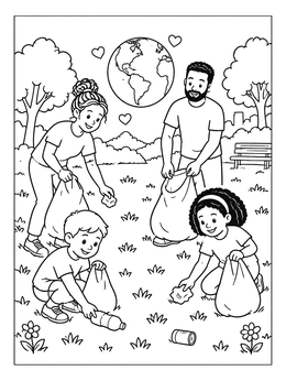 A family picking up trash in a park on this earth day coloring page.