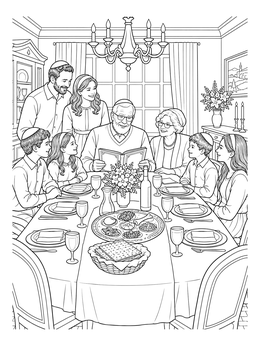 A multi-generational family enjoys dinner in this detailed passover coloring page.