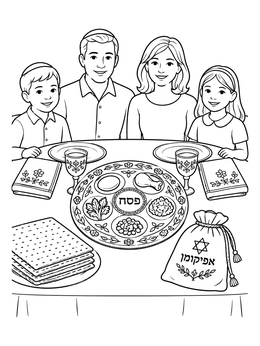 A smiling family at the table in this seder plate coloring page.