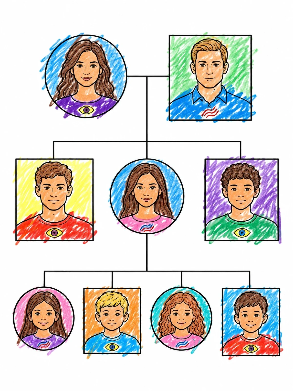 Colored example of the Family Pedigree Chart For Genetics coloring page