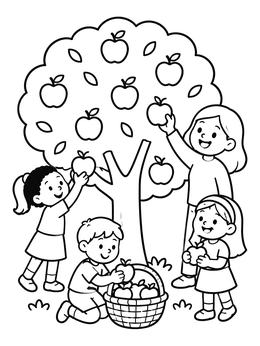 A cheerful tree coloring page showing a family picking ripe apples into a basket.