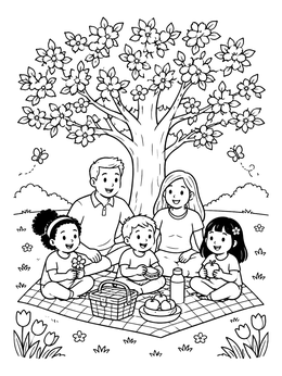 Free printable Family Picnic Under Blossoming Spring Tree coloring page