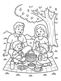 A cheerful family enjoying an outdoor picnic together on a family coloring page.