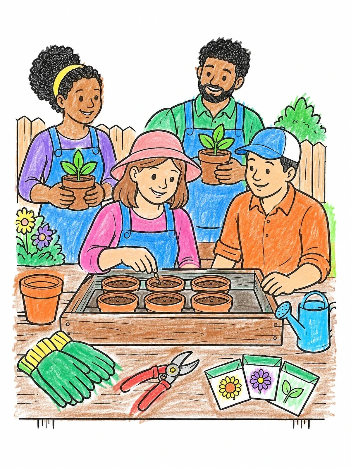 Colored example of the Family Planting Seeds In The Garden coloring page