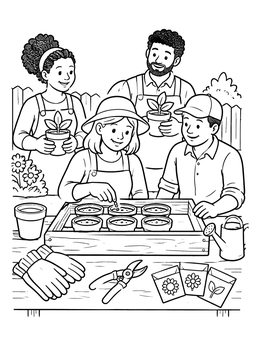 Free printable Family Planting Seeds In The Garden coloring page