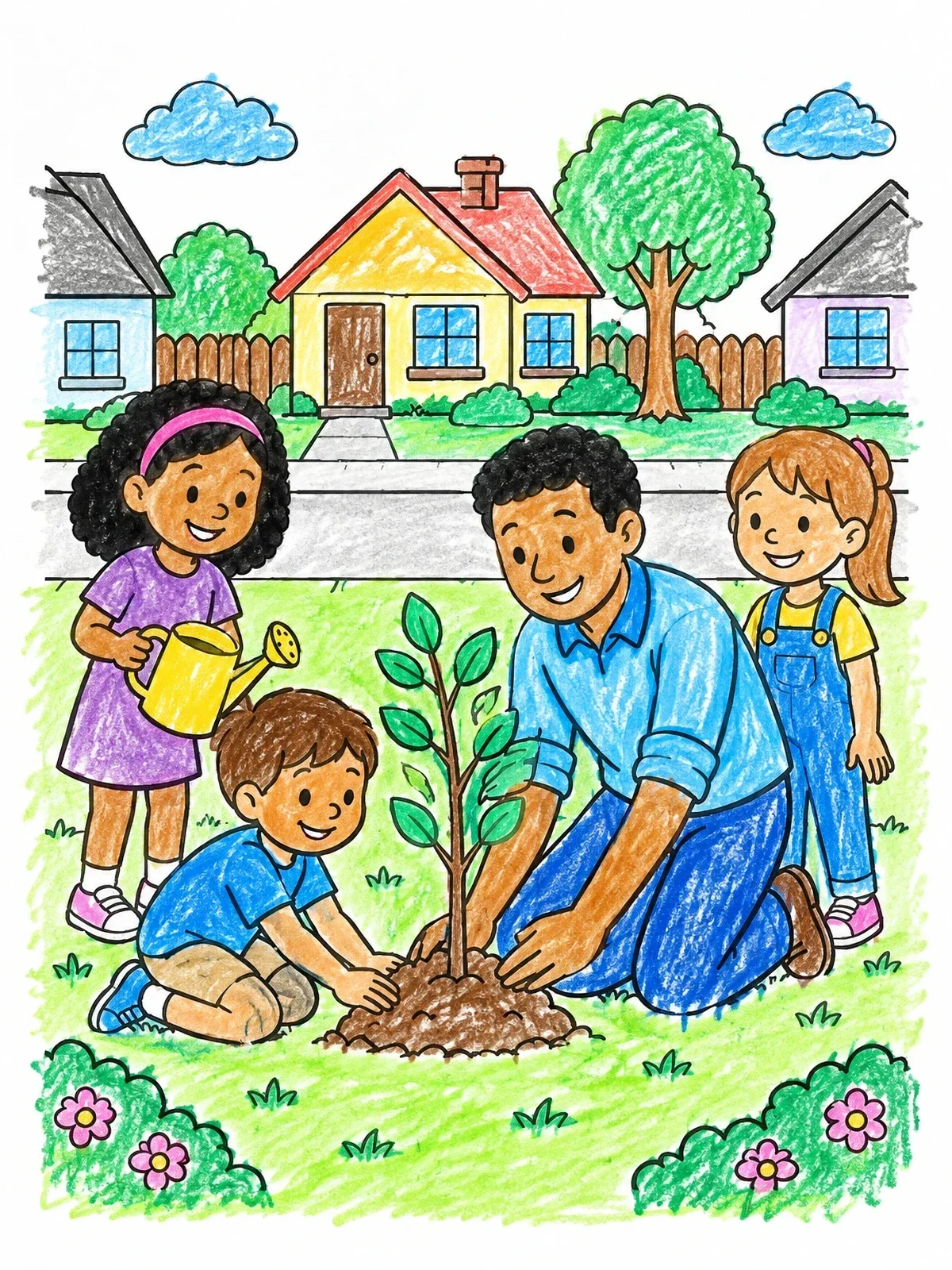 Colored example of the Family Planting A Tree Together coloring page