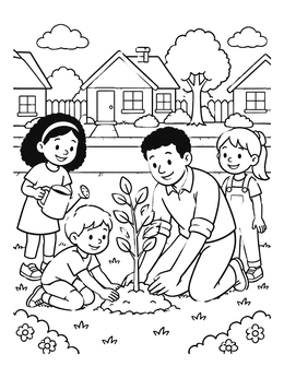 Free printable Family Planting A Tree Together coloring page