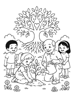 A grandfather and children planting a sapling in this tree of life coloring page.