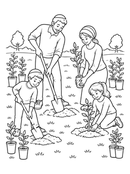Free printable Family Planting Trees For Tu Bishvat coloring page