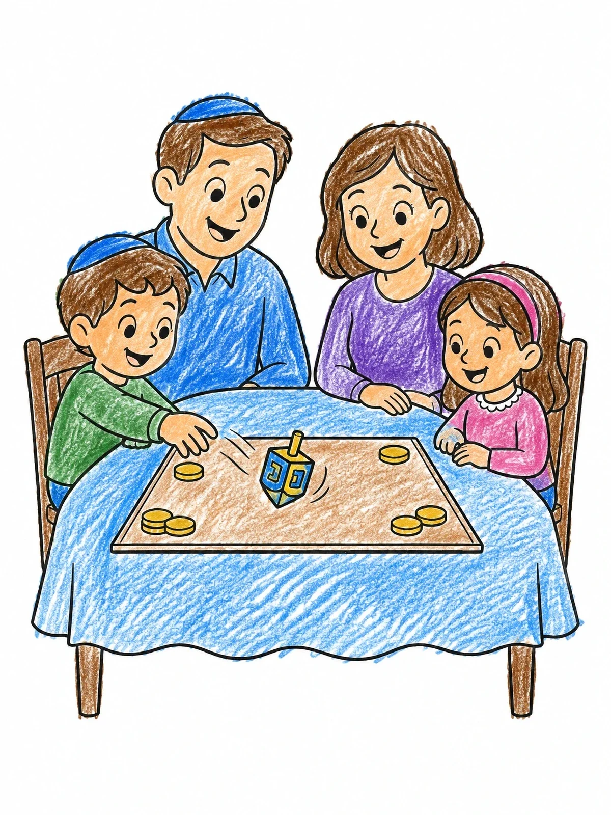 Colored example of the Family Playing Hanukkah Dreidel Game coloring page