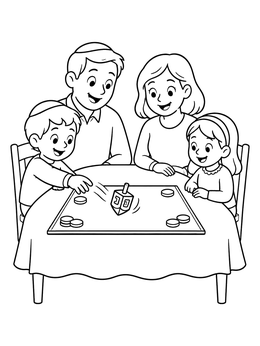 Free printable Family Playing Hanukkah Dreidel Game coloring page
