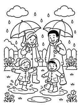 Free printable Family Playing In Spring Rain coloring page