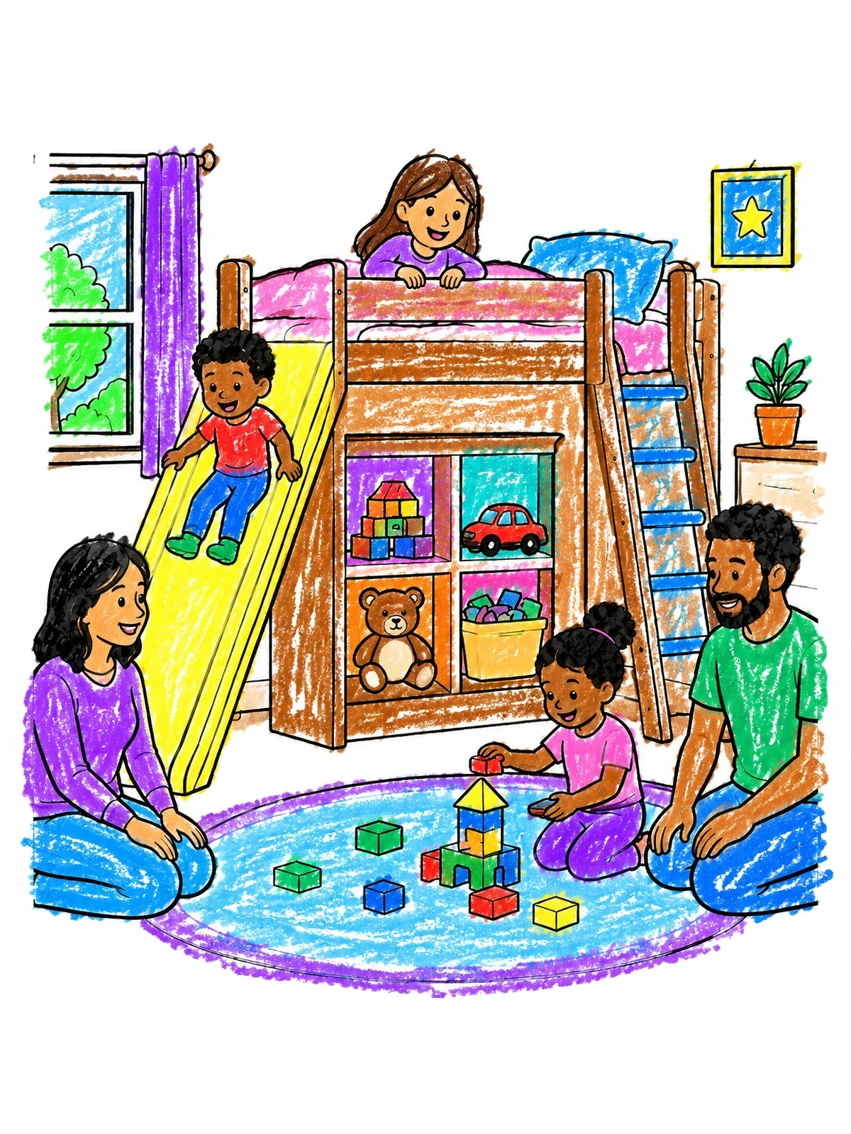 Colored example of the Family Playing In Kids Bedroom coloring page