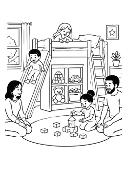 Free printable Family Playing In Kids Bedroom coloring page