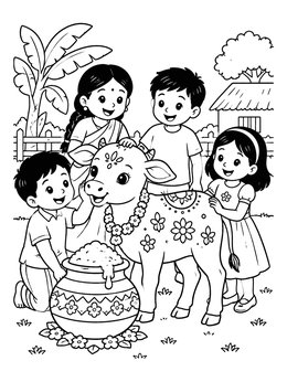 Free printable Family Celebrating Pongal With Decorated Calf coloring page