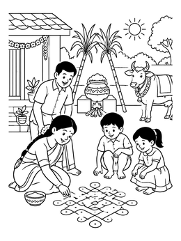 Free printable Family Celebrating Pongal And Kolam Art coloring page