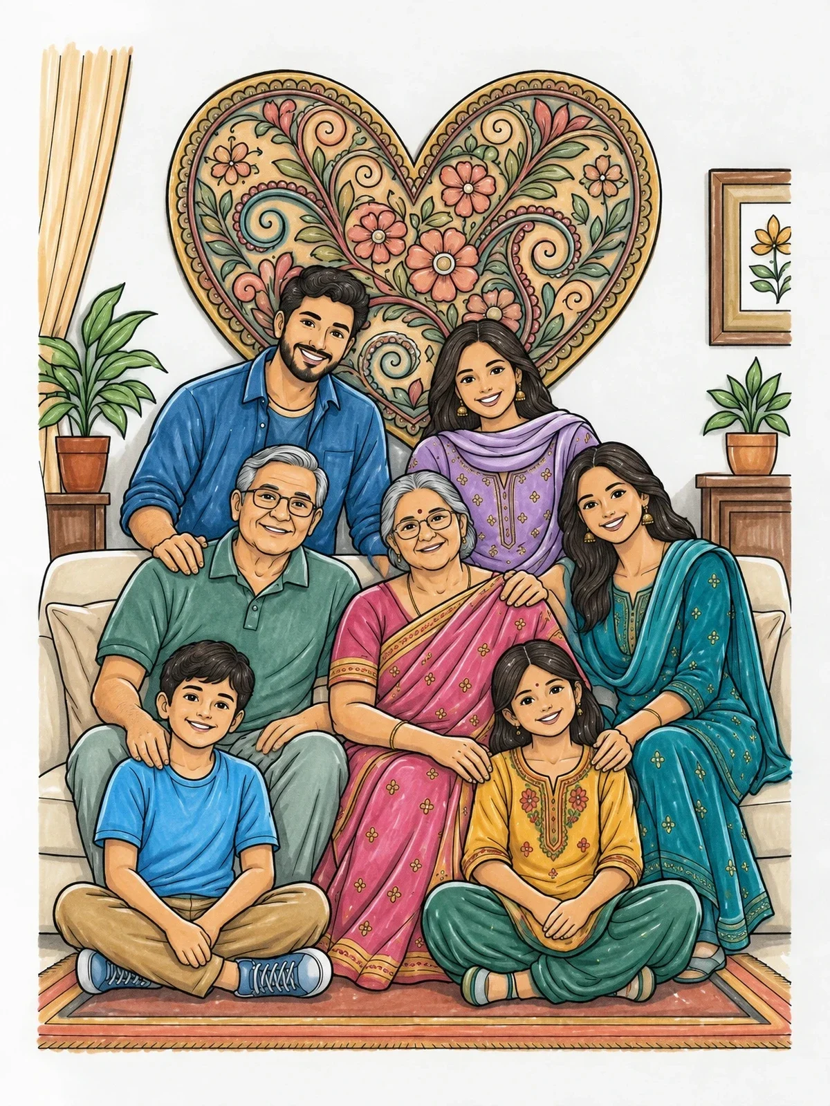 Colored example of the Family Portrait With Henna Heart coloring page