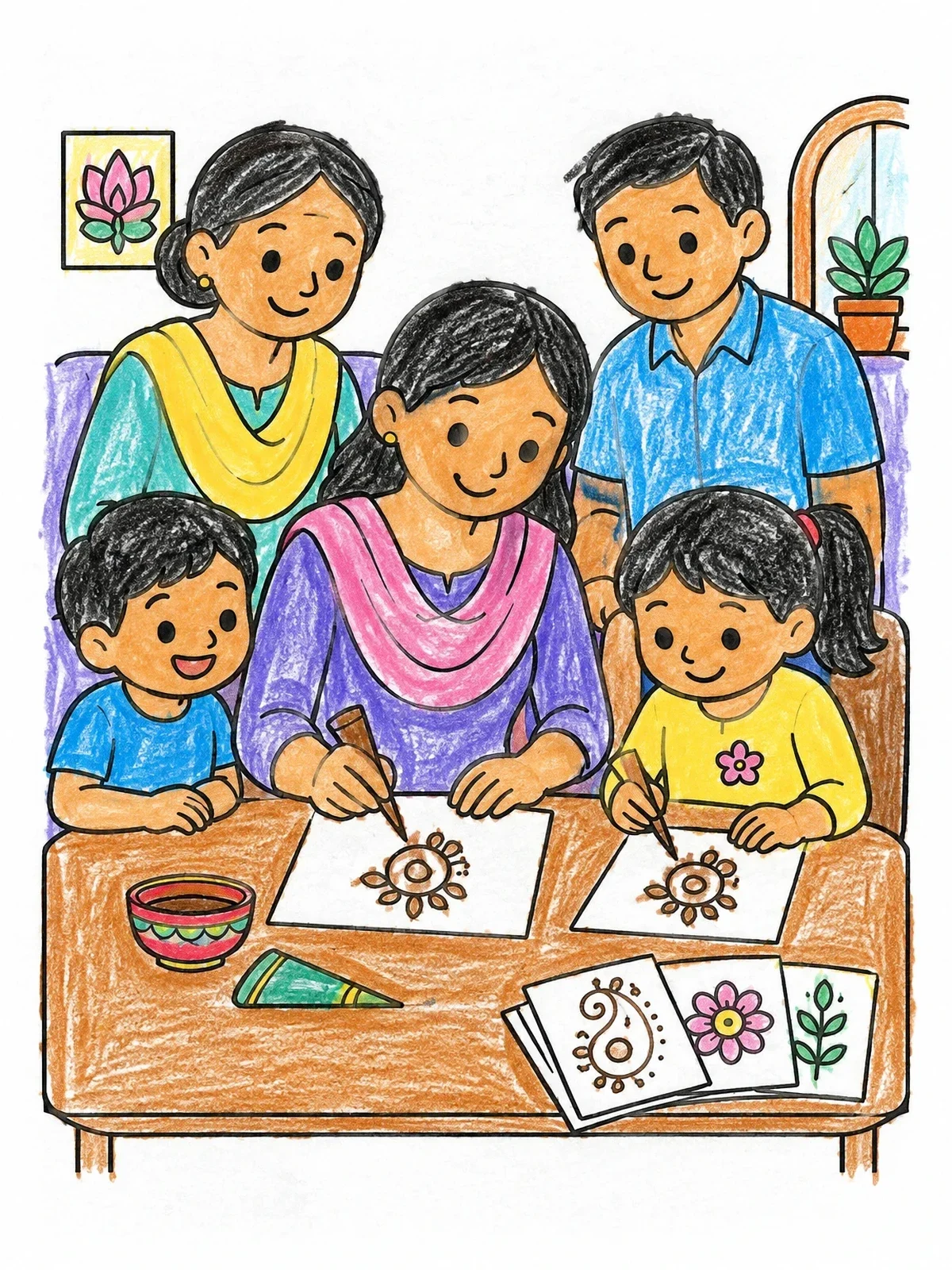 Colored example of the Family Practicing Henna Patterns Together coloring page