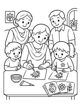 Free printable Family Practicing Henna Patterns Together coloring page