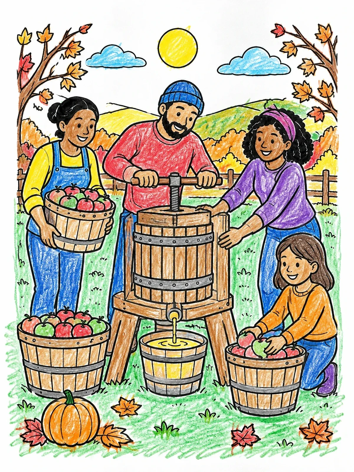 Colored example of the Family Pressing Fresh Apple Cider coloring page