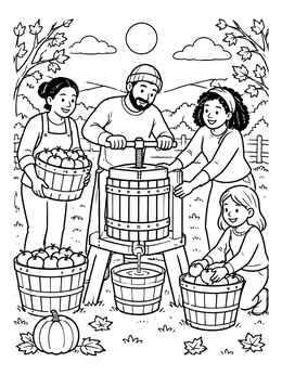 Free printable Family Pressing Fresh Apple Cider coloring page