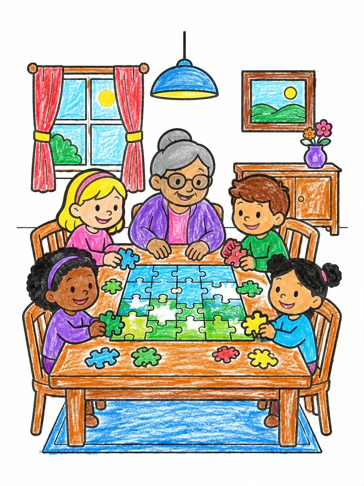 Colored example of the Family Puzzle Time At The Table coloring page